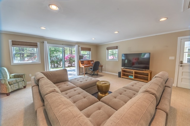 carpeted living room with ornamental molding