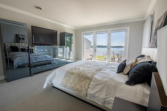 1032 Fishing Bay Rd, Deltaville, VA 23043 - bedroom featuring access to exterior, ornamental molding, and carpet