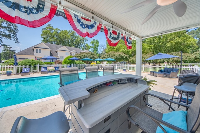 1032 Fishing Bay Rd, Deltaville, VA 23043 - view of swimming pool featuring an outdoor living space, a fenced backyard, a patio area, and a ceiling fan