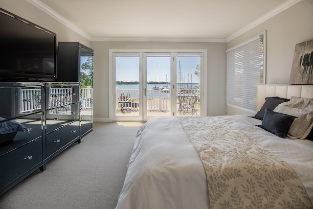 1032 Fishing Bay Rd, Deltaville, VA 23043 - carpeted bedroom featuring access to outside, a water view, and crown molding