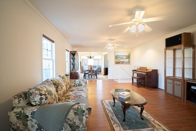 living room featuring ceiling fan with notable chandelier, wood finished floors, and ornamental molding