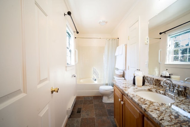 full bathroom featuring vanity, shower / bath combination with curtain, a baseboard heating unit, crown molding, and toilet