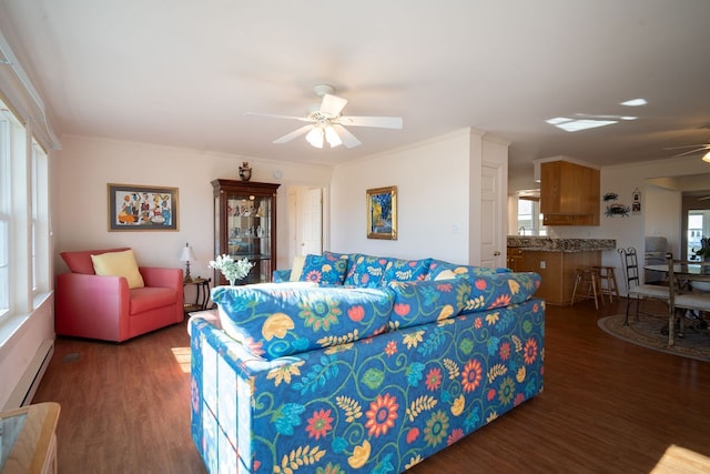 living room with a baseboard radiator, wood finished floors, a ceiling fan, and crown molding