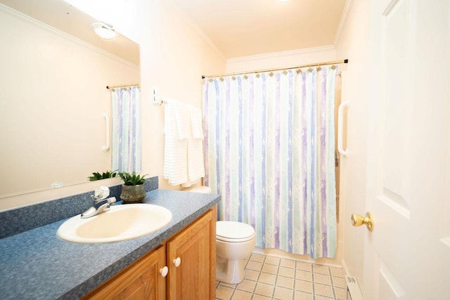 full bath featuring vanity, a shower with curtain, ornamental molding, tile patterned floors, and toilet