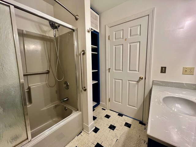 1113 Dillard St, Tappahannock, VA 22520 - bathroom with bath / shower combo with glass door, vanity, and tile patterned floors