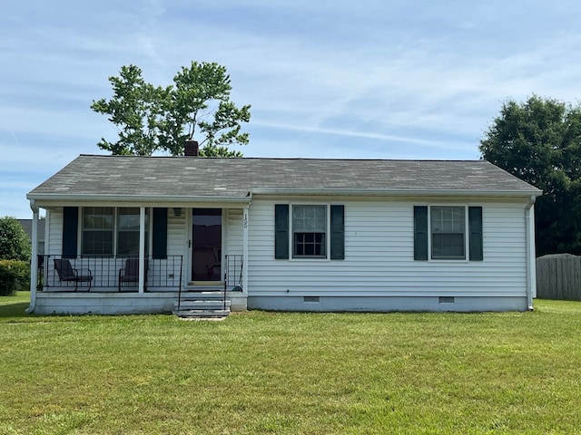 155 Rouzie Dr, Tappahannock, VA 22560 - ranch-style house with crawl space, a front lawn, roof with shingles, and covered porch
