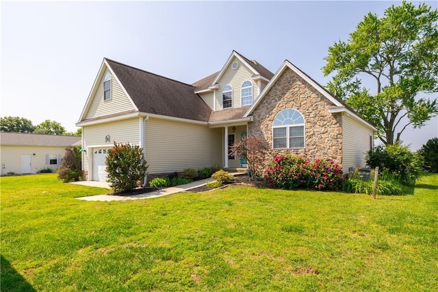 146 Rappa Point Rd, Warsaw, VA 22572 - traditional-style house with stone siding, a front lawn, and an attached garage