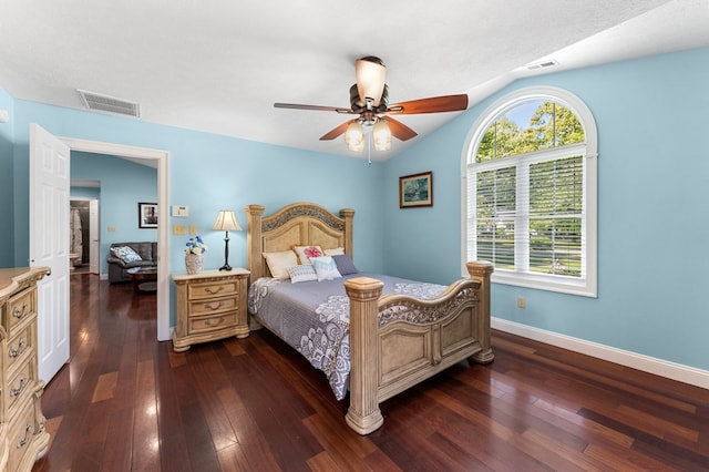 326 Chase St, Kilmarnock, VA 22482 - bedroom featuring dark wood-type flooring, lofted ceiling, baseboards, and a ceiling fan