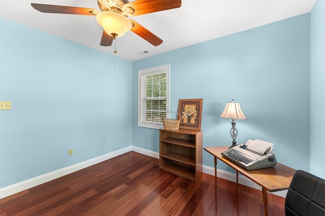 326 Chase St, Kilmarnock, VA 22482 - sitting room featuring dark wood-style floors, an office area, baseboards, and a ceiling fan