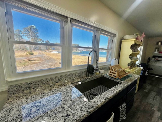 kitchen with lofted ceiling, dark wood-style floors, dark cabinets, light stone countertops, and a sink