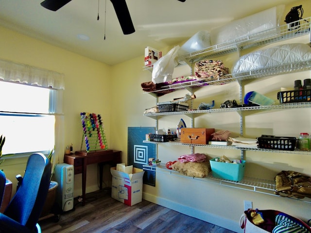 storage area featuring ceiling fan