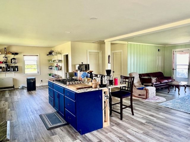 kitchen with blue cabinetry, light hardwood / wood-style floors, and appliances with stainless steel finishes