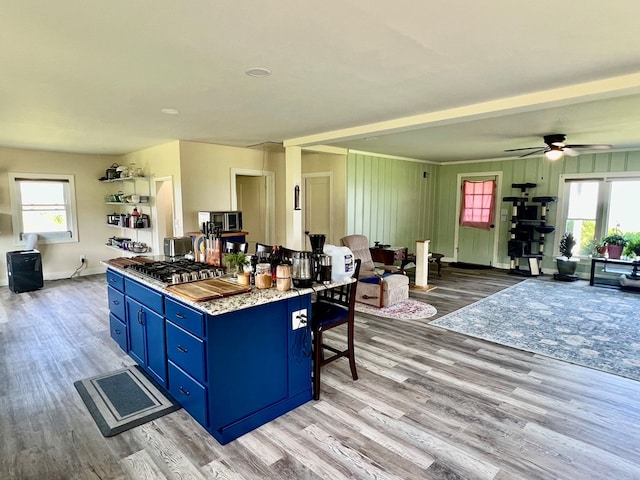 kitchen featuring blue cabinets, light wood-type flooring, and a wealth of natural light