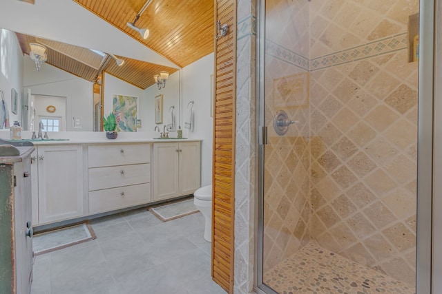 bathroom with double vanity, toilet, a stall shower, vaulted ceiling, and wooden ceiling