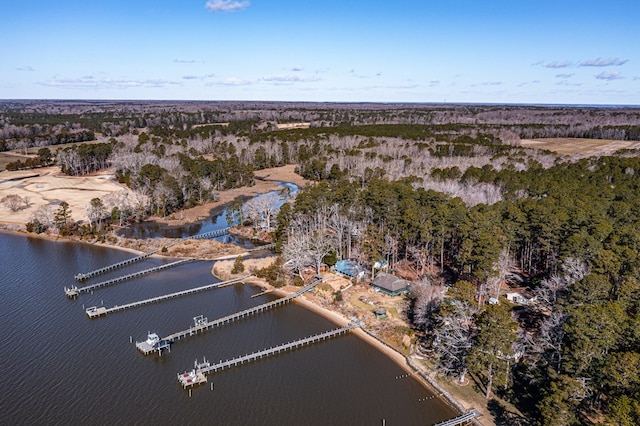 aerial view featuring a water view and a view of trees