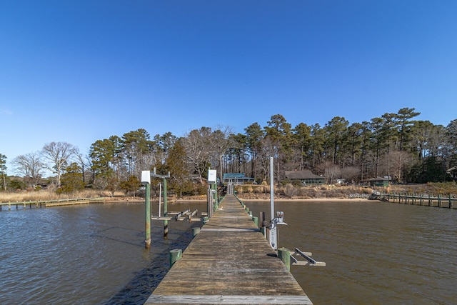 dock area with a water view and boat lift