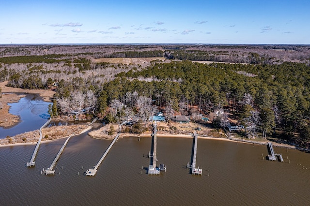 drone / aerial view featuring a water view and a wooded view