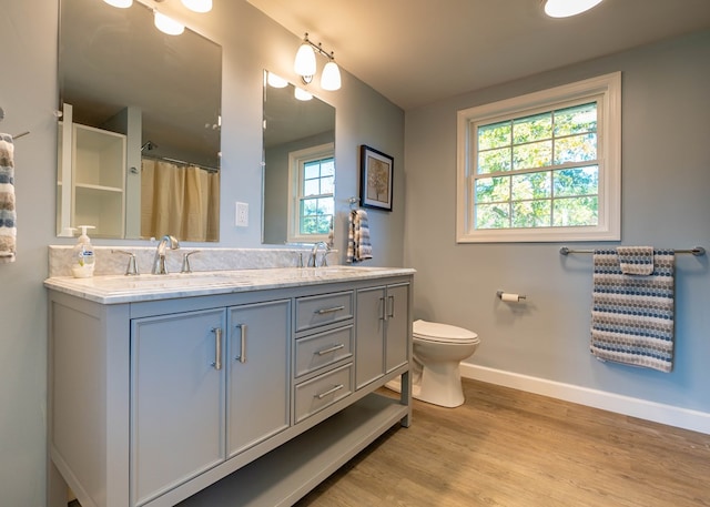 bathroom featuring a wealth of natural light, hardwood / wood-style floors, vanity, and toilet