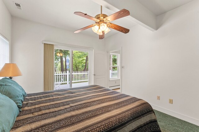367 Edgewater Ln, Montross, VA 22520 - bedroom featuring access to exterior, carpet floors, baseboards, a baseboard heating unit, and a ceiling fan