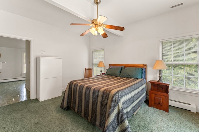 367 Edgewater Ln, Montross, VA 22520 - carpeted bedroom featuring a baseboard radiator, vaulted ceiling, ceiling fan, and baseboards