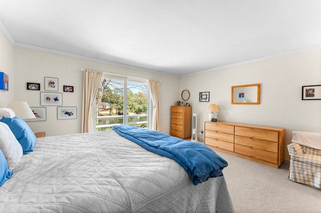 bedroom featuring carpet flooring and ornamental molding