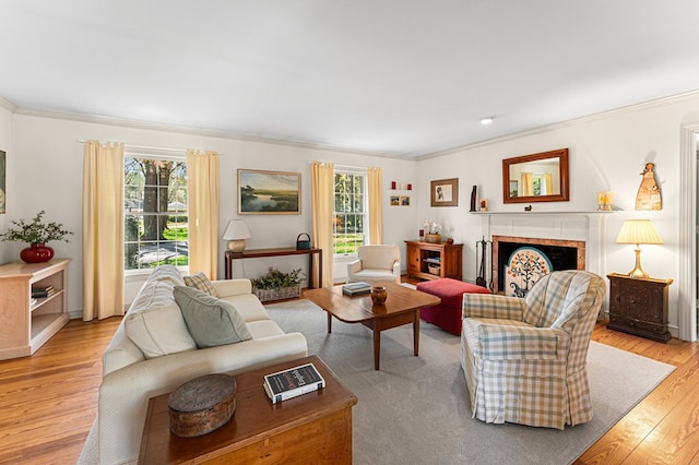 living area featuring crown molding, a fireplace, a wealth of natural light, and light wood-style floors