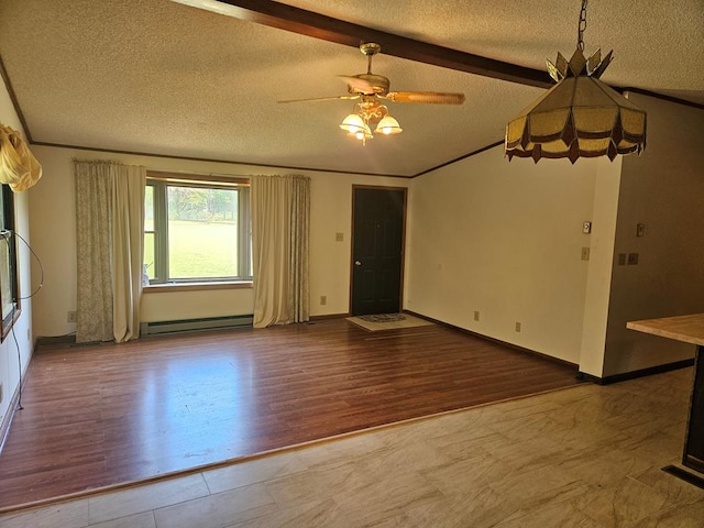 empty room with a textured ceiling, baseboard heating, crown molding, ceiling fan, and beam ceiling