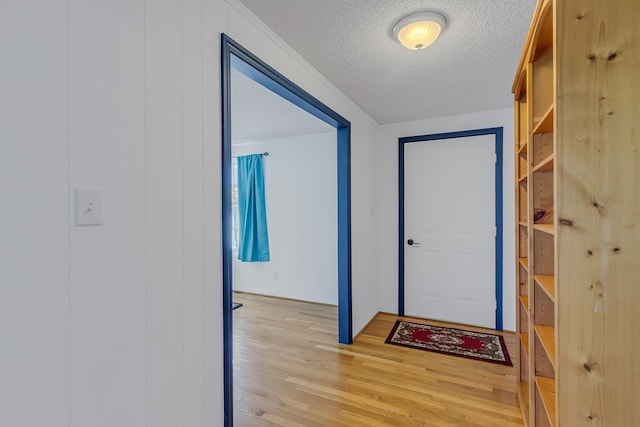 doorway featuring light hardwood / wood-style flooring and a textured ceiling