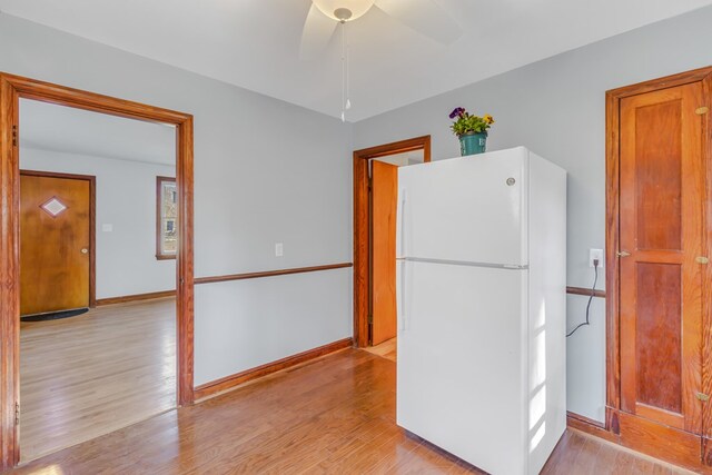 kitchen featuring light wood-type flooring, baseboards, a ceiling fan, and freestanding refrigerator