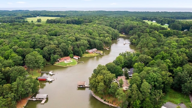 birds eye view of property with a wooded view and a water view