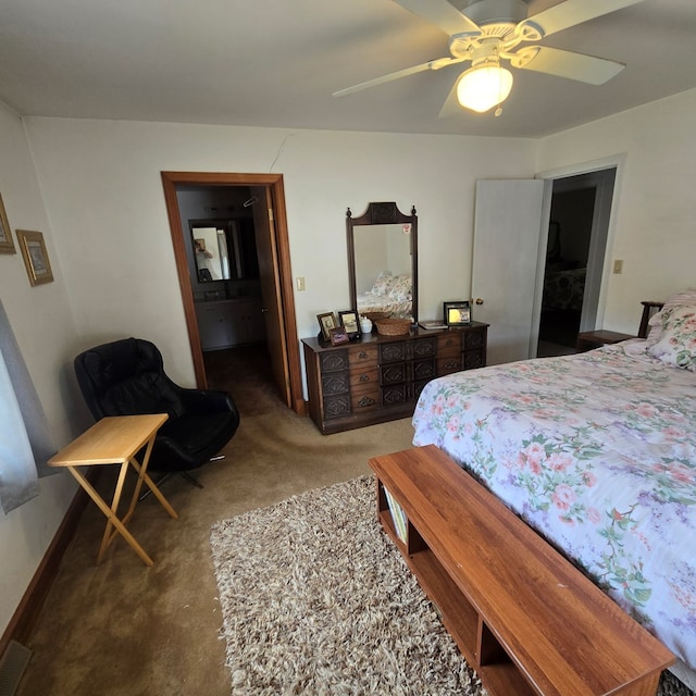 carpeted bedroom with baseboards and ceiling fan