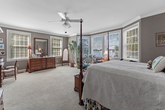 carpeted bedroom featuring multiple windows, ceiling fan, and ornamental molding