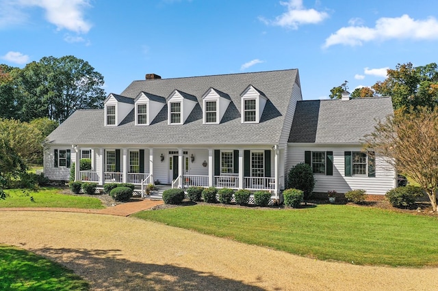 cape cod home with roof with shingles, a porch, a front lawn, and a chimney