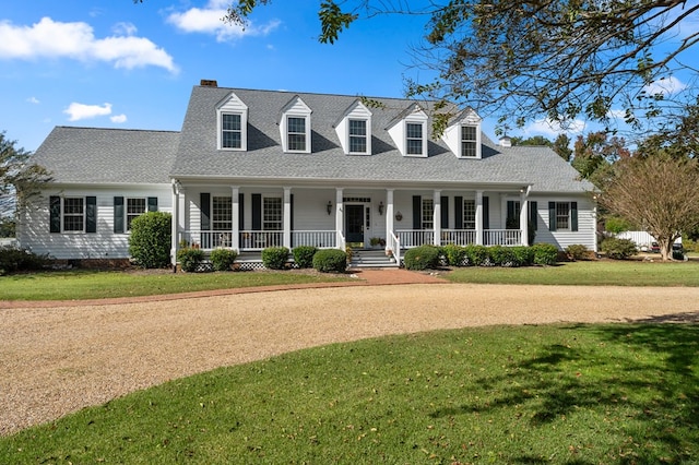 cape cod-style house with covered porch, a front lawn, and roof with shingles