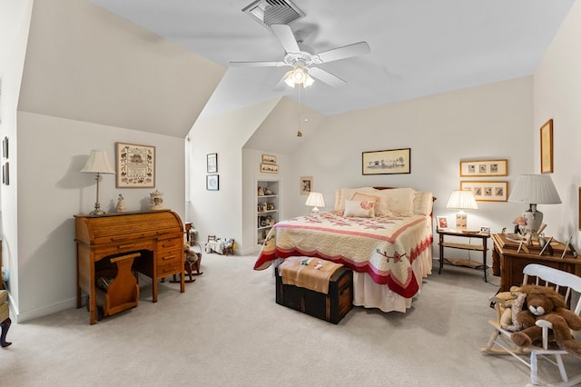 carpeted bedroom featuring visible vents, vaulted ceiling, baseboards, and ceiling fan