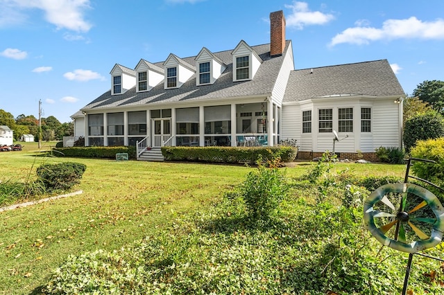 326 Coppedge Farm Rd, White Stone, VA 22578 - back of house with a sunroom, a lawn, a chimney, and a shingled roof