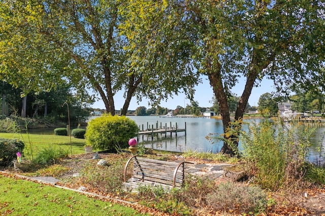 dock area featuring a water view and a yard