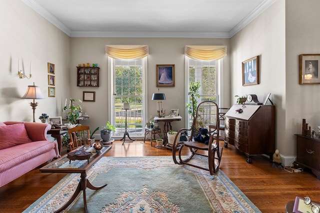 sitting room with a healthy amount of sunlight and crown molding