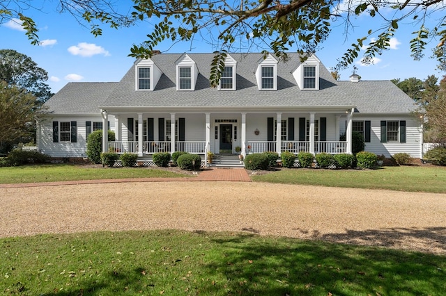 cape cod-style house featuring a porch, a shingled roof, and a front lawn