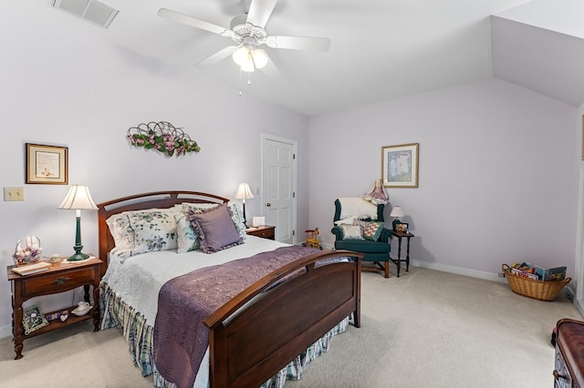 bedroom with light carpet, baseboards, visible vents, a ceiling fan, and lofted ceiling