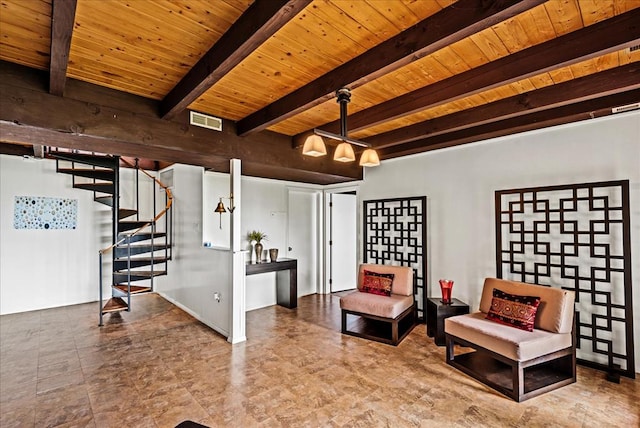 interior space featuring beam ceiling and wooden ceiling