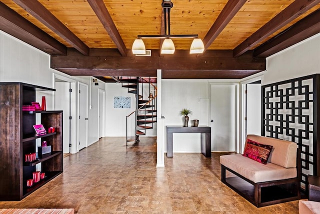 interior space featuring beam ceiling and wooden ceiling