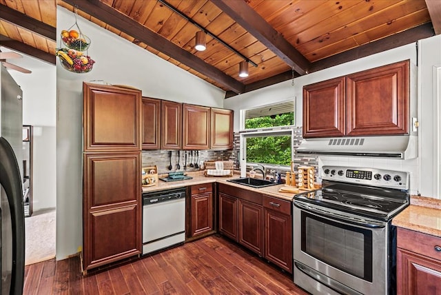 kitchen featuring wooden ceiling, dark wood-type flooring, lofted ceiling with beams, sink, and stainless steel appliances