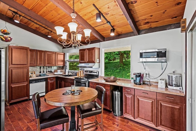 kitchen with white dishwasher, lofted ceiling with beams, sink, stainless steel electric range oven, and decorative light fixtures