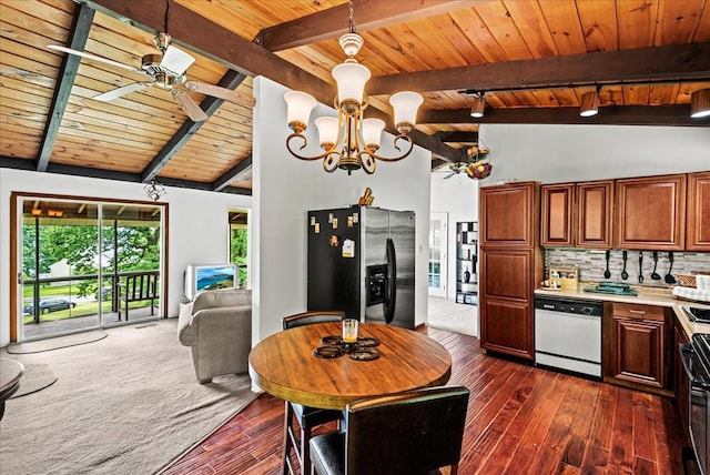 kitchen featuring backsplash, white dishwasher, stainless steel fridge, decorative light fixtures, and wood ceiling