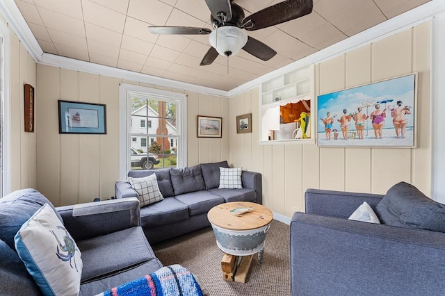 15498 Kings Hwy, Montross, VA 22520 - living room featuring carpet flooring, ornamental molding, and a ceiling fan