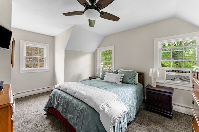 15498 Kings Hwy, Montross, VA 22520 - carpeted bedroom with a baseboard heating unit, vaulted ceiling, cooling unit, a baseboard radiator, and a ceiling fan