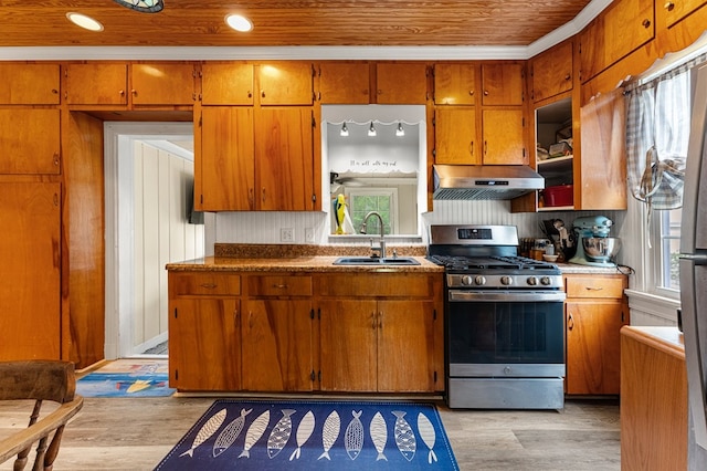 15498 Kings Hwy, Montross, VA 22520 - kitchen featuring stainless steel range with gas stovetop, exhaust hood, brown cabinetry, light wood-type flooring, and wood ceiling