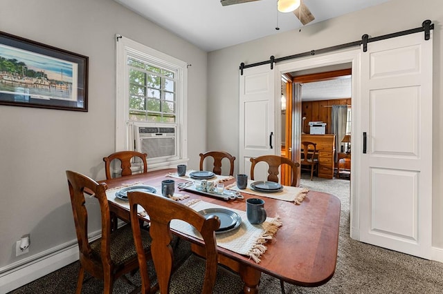 15498 Kings Hwy, Montross, VA 22520 - carpeted dining room with a barn door, ceiling fan, and cooling unit