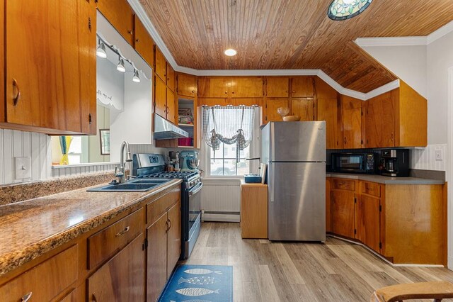 15498 Kings Hwy, Montross, VA 22520 - kitchen featuring stainless steel appliances, wood ceiling, under cabinet range hood, plenty of natural light, and brown cabinetry